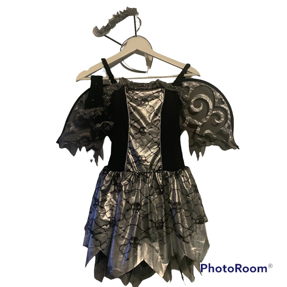 Amscan 8-10 M Fallen Angel child costume Halloween skulls tulle sparkly stretch